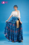 VBM0801 Váy Maxi Trễ Vai Trắng Xanh Dáng Xoè