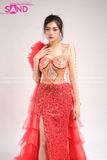 VDD0404 Váy Dạ Hội Dài Đính Đá Voan Đỏ Dài