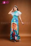 TAC0813 Áo Dài Họa Tiết Cô Gái Tay Cánh Tiên - Màu Xanh Bạc Hà