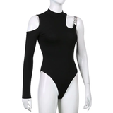 Bodysuit Đen Một Bên Dài Tay Khoét Vai Phối Xích
