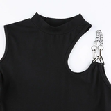 Bodysuit Đen Một Bên Dài Tay Khoét Vai Phối Xích
