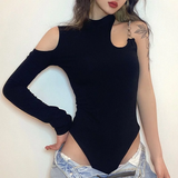 Bodysuit Đen Một Bên Dài Tay Khoét Vai Phối Xích