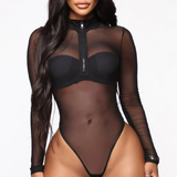 Bodysuit lưới dài tay đen khóa kéo