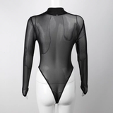 Bodysuit lưới dài tay đen khóa kéo
