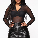 Bodysuit lưới dài tay đen khóa kéo