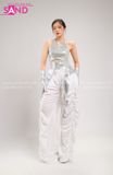 Outfit Phối Sẵn - (Quần Chun Trắng phối Áo Crop Kim Sa Bạc)