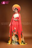 TAE0403 Áo Dài Thiết Kế Tay Lơi Hoạ Tiết Sen - Màu Đỏ Loang ( KÈM MẤN )