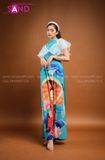 TAC0813 Áo Dài Họa Tiết Cô Gái Tay Cánh Tiên - Màu Xanh Bạc Hà