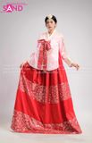 TNH0504 Hanbok Áo Hồng Váy Đỏ Gấm In Nhũ