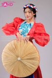 TTD0801 Set Tứ Thân Yếm Trắng Hoạ Tiết Xanh Phối TTK0402 Khoác Tơ Sống Đỏ Quần Váy Xanh Dương (kèm vấn)
