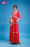  VBM0407 Váy Maxi Tay Dài Cổ Tim Đỏ Dáng Xoè 