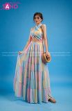 VBM1203 Váy Maxi Loang Màu Voan Cổ Chéo Xanh Hồng Nhạt