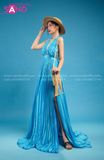 VBM0804 Váy Maxi Xanh Dương Xẻ Tà Xếp Ly Liền