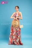 VBM0406 Váy Maxi Cổ Yếm Hoạ Tiết Đỏ Trắng