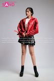 Outfit Phối Sẵn - (Váy Xếp Li Da Đen 2 Tầng phối Áo Khoác Crop Tay Phồng Đỏ)