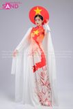 TAE0014 Áo Dài Trình Diễn Tay Lơi Hoạ Tiết Trống Đồng Đất Nước - Màu Trắng ( KÈM MẤN ) - S
