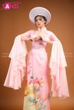 TAE0501 Áo Dài Thiết Kế Tay Voan Xoè Hồng Hoạ Tiết In Hoa ( KÈM MẤN )