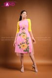 TAC0507 Áo Dài Cách Tân Họa Họa Tiết Hồng Vàng