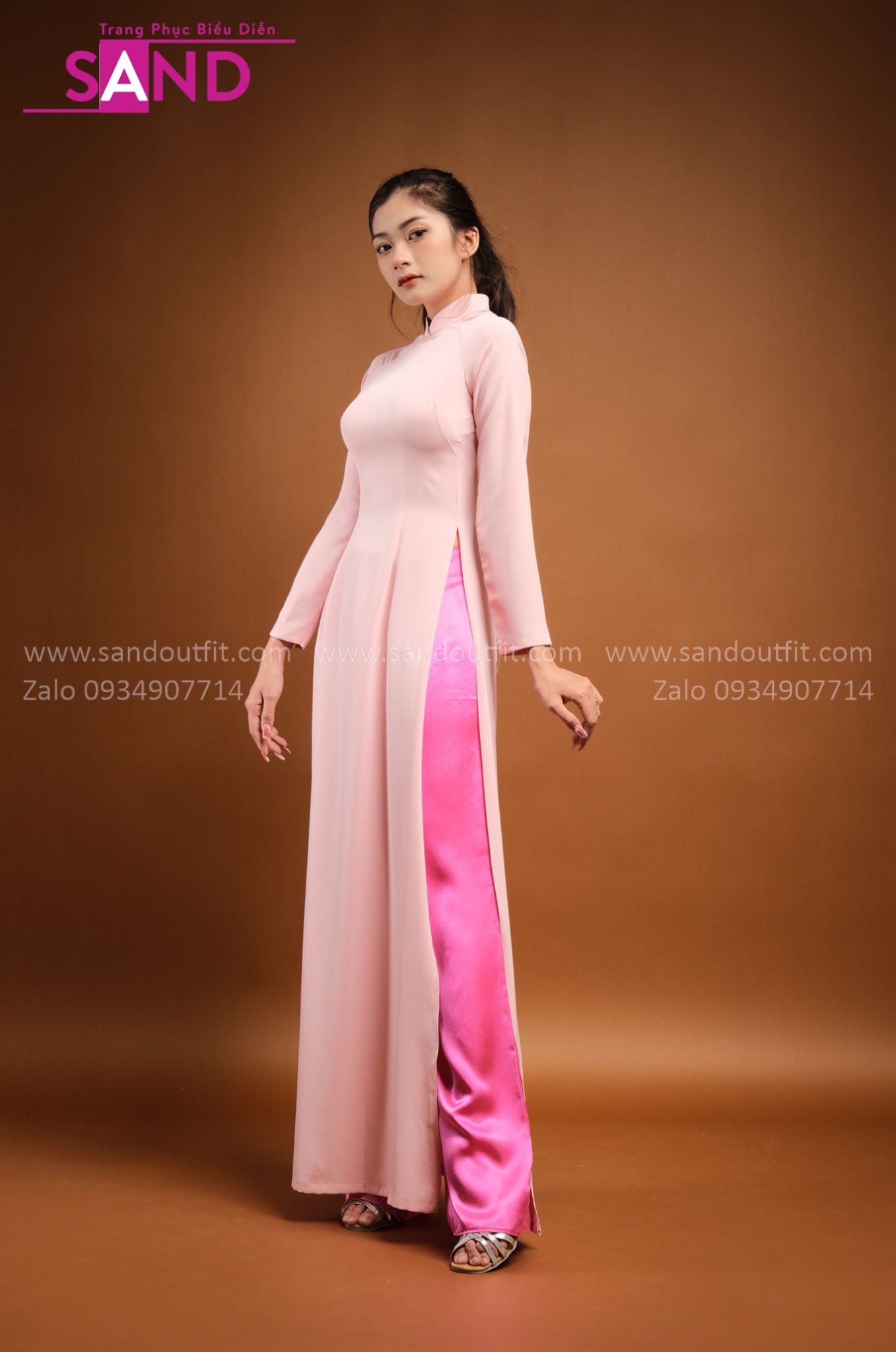 TAA0507 Áo Dài Truyền Thống Lụa Mỹ Màu Hồng Nhạt