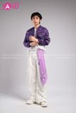 Outfit Phối Sẵn - (Quần Nắp Ngang Trắng phối Áo Khoác Crop Bomber Tím)