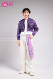 Outfit Phối Sẵn - (Quần Nắp Ngang Trắng phối Áo Khoác Crop Bomber Tím)