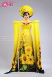 TAE0313 Áo Dài Trình Diễn Tay Lơi Hoạ Tiết Hoa Hướng Dương - Màu Vàng ( KÈM MẤN )