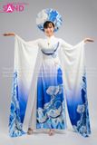 TAE0020 Áo Dài Trình Diễn Tay Lơi Hoạ Tiết Chim Hạt Xanh - Màu Trắng ( KÈM MẤN )