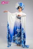 TAE0020 Áo Dài Trình Diễn Tay Lơi Hoạ Tiết Chim Hạt Xanh - Màu Trắng ( KÈM MẤN )