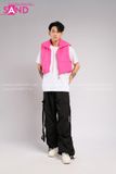 Outfit Phối Sẵn - (HQN0101 Quần Dài Đen Nắp Túi Hộp Ngang Phối Dây phối Gile Phao Hồng)