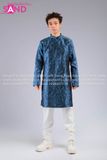 TAD1403 Áo Dài Nam Gấm Hoa Ly Vân Nổi - Xanh Dương