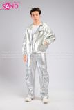 Outfit Phối Sẵn - ( AK311003 Áo Khoác Bomber Da Bóng Ánh Bạc phối HQD0203 Quần Suông Túi Hộp Bạc Form Cứng)