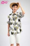 TMH0102 Trang Phục Hawai Nam Trắng Hoạ Tiết Lá Xanh