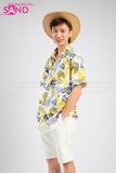TMH0303 Trang Phục Hawai Nam Trắng Hoạ Tiết Lá Vàng