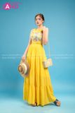 VBM0302 Váy Maxi Cổ Yếm Vàng Hoạ Tiết Váy Xoè Khoét Eo