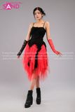 Outfit Phối Sẵn - (Váy Voan Đỏ phối Áo 2 Dây Cúp Ngực Tua Rua Đen)