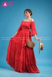 VBM0408 Váy Maxi Đỏ Voan Dài Trễ Vai