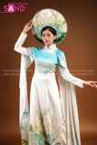 TAE0805 Áo Dài Thiết Kế Tay Lơi Hoạ Tiết Sen Xanh - Màu Trắng Loang Xanh ( KÈM MẤN )