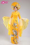 TAE0304 Áo Dài Thiết Kế Tay Lơi Voan Hoạ Tiết Hoa Hồng - Màu Vàng Cam ( KÈM MẤN )