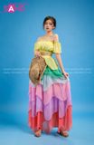VBM1204 Váy Maxi Cúp Ngực Xanh Lá Nhiều Tầng Phối Màu