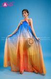 VBM1207 Váy Maxi Loang Màu Cổ Yếm Xếp Ly Dáng Xoè Xanh Cam