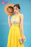 VBM0302 Váy Maxi Cổ Yếm Vàng Hoạ Tiết Váy Xoè Khoét Eo