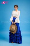 VBM0806 Váy Maxi Trắng Tay Dài Xoè Phối Váy Xanh Dương