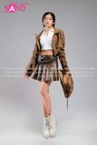 Outfit Phối Sẵn - ( HBH1001 Váy Xấp Li Da Nâu phối HAK1001 Áo Khoác Croptop Da Lì Nâu Cổ Sơ Mi)
