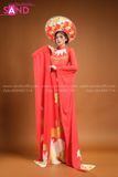 TAE0407 Áo Dài Thiết Kế Tay Dài Đỏ Hoạ Tiết Hoa Sen Vàng ( KÈM MẤN )