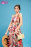 VBM0406 Váy Maxi Cổ Yếm Hoạ Tiết Đỏ Trắng