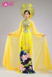 TAE0305 Áo Dài Thiết Kế Voan Tà Dài Hoạ Tiết Sen - Màu Vàng ( KÈM MẤN )
