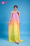 VBM1209 Váy Maxi Loang Màu Cổ Yếm Xếp Ly Dáng Xoè Hồng Vàng