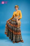 VBM0303 Váy Maxi Vàng Cổ Tim Váy Hoạ Tiết Dáng Xoè