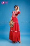 VBM0407 Váy Maxi Tay Dài Cổ Tim Đỏ Dáng Xoè