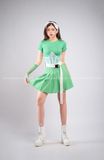 Outfit Phối Sẵn - (Váy Xếp Li Xanh phối Áo Thun Croptop)